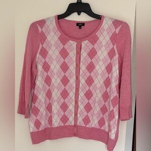Talbots Pink & White Argyle Cardigan 3/4 Sleeves Plus Petites Preppy Academic